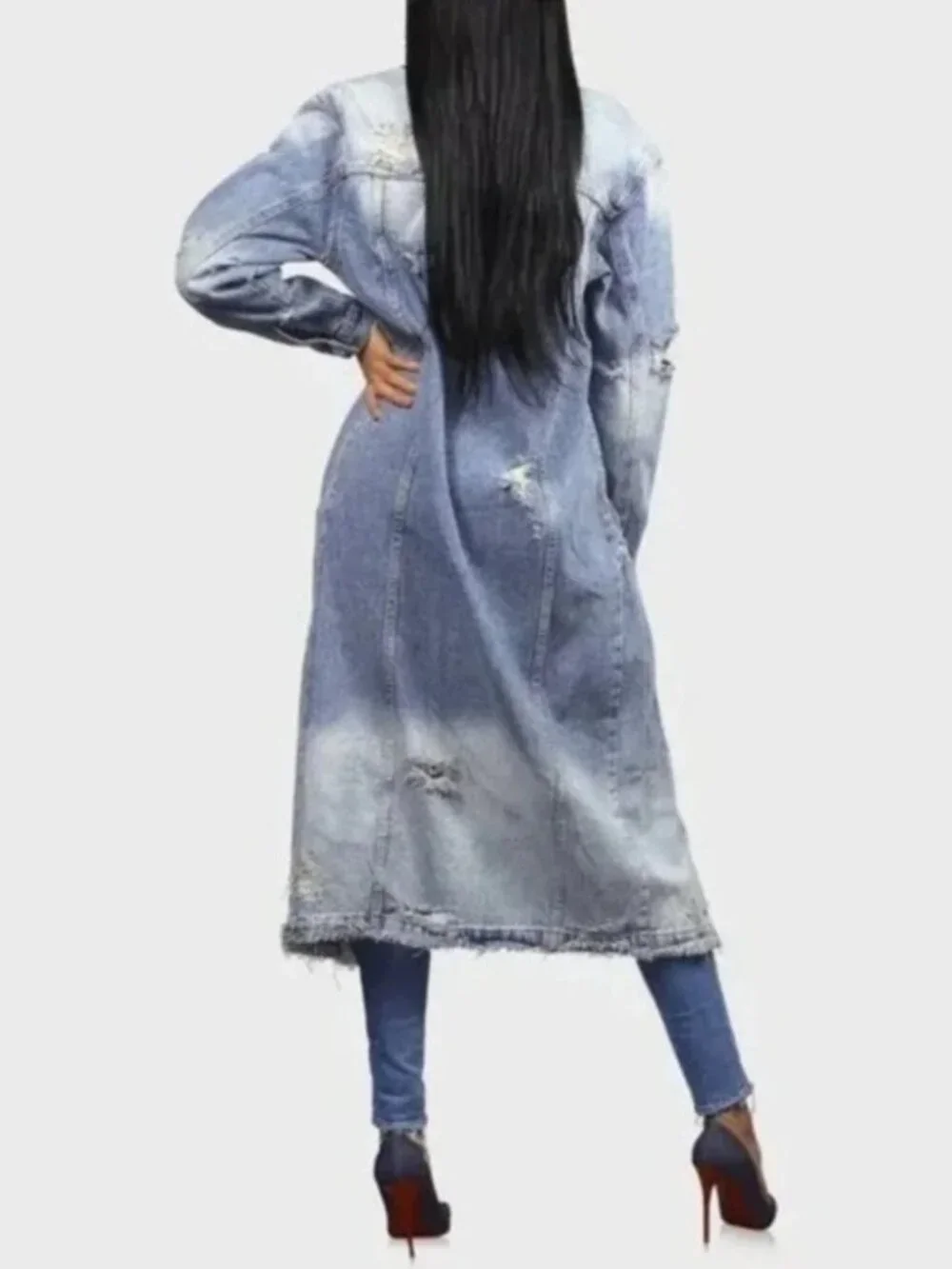 Light Wash Distressed Longline Denim Jacket Oversized Jean Jacket NWT